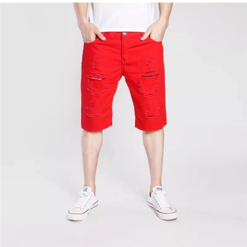 Summer Men Shorts Casual Denim Ripped Straight Shorts Half Jeans Medium Red